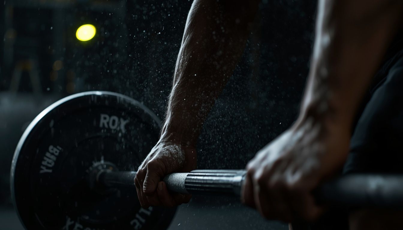 Chalked hands gripping a barbell, ready to lift