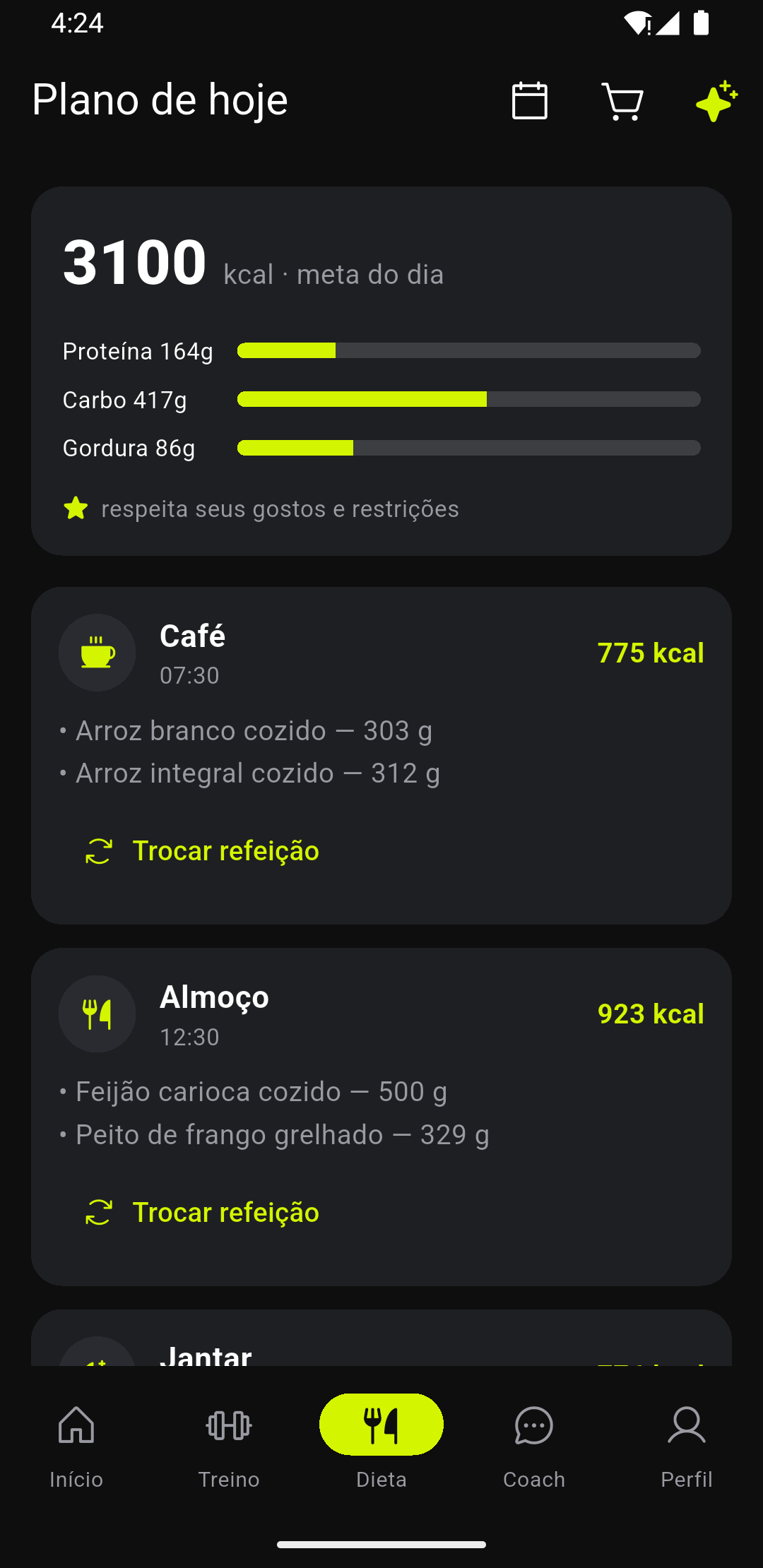 Tela de dieta do app BranFit