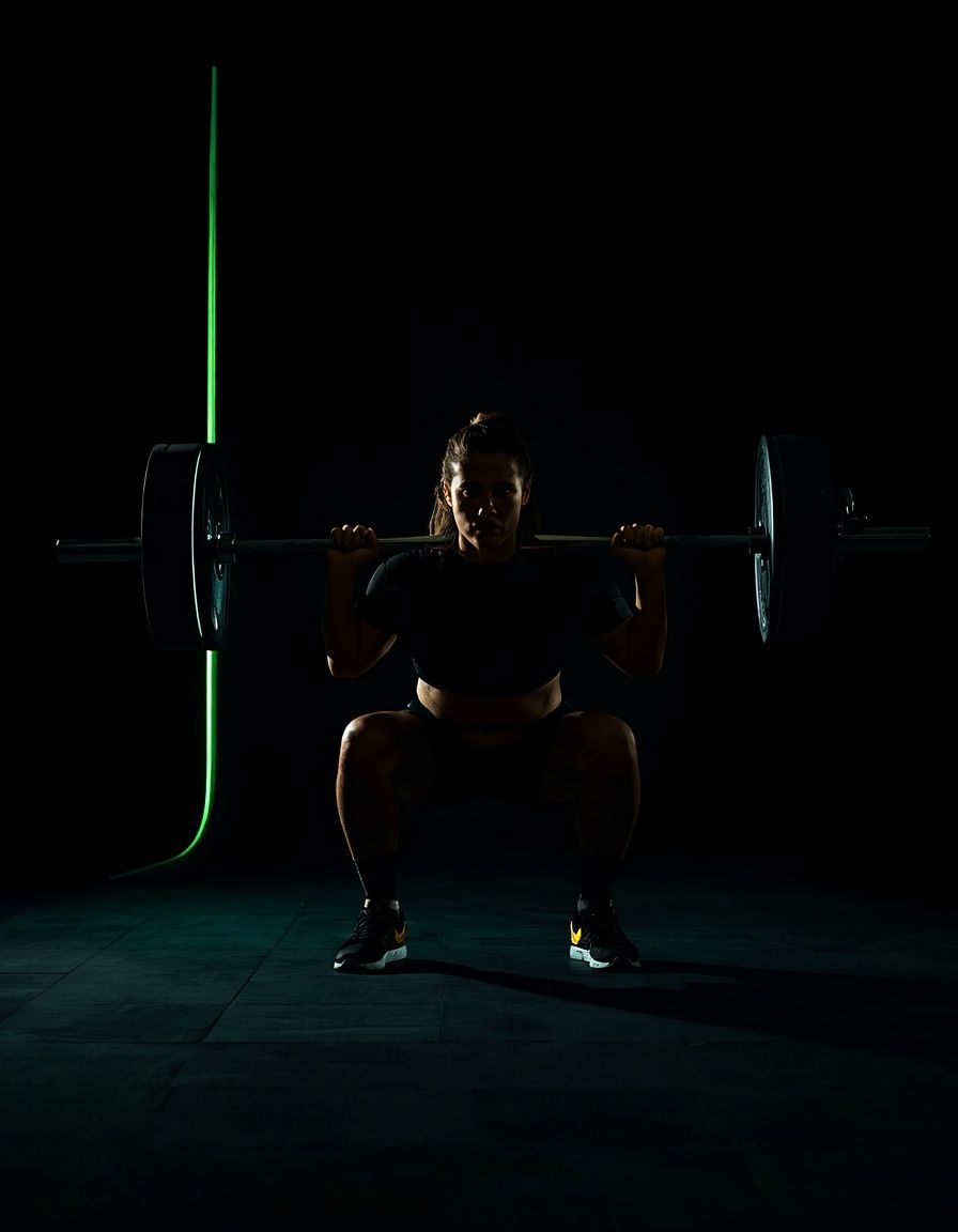 Woman performing a barbell squat in a dark gym