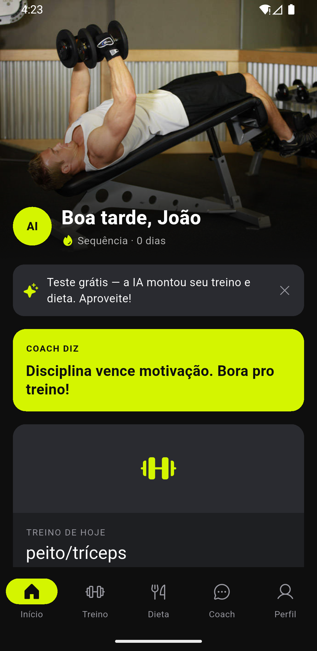 Tela inicial do BranFit com o treino do dia montado por IA