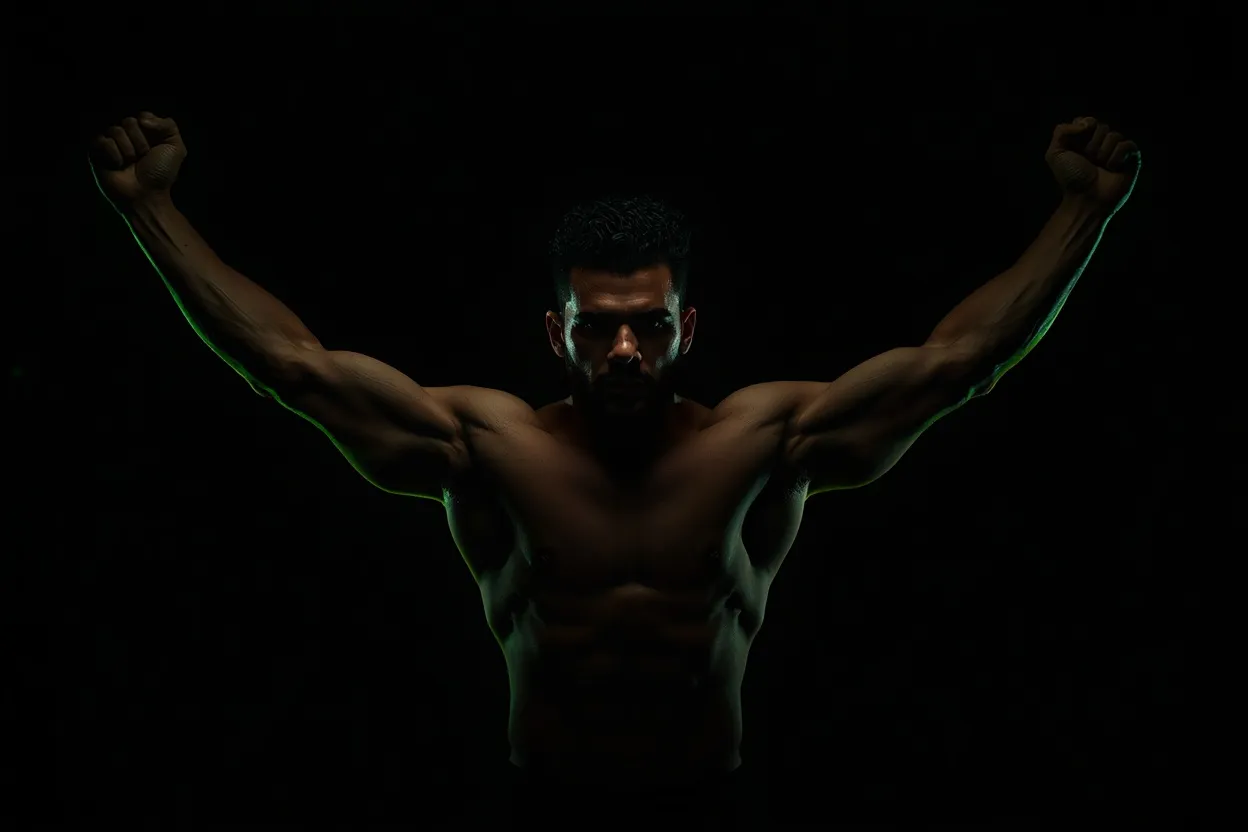 Atleta com os braços erguidos em sinal de vitória, iluminação dramática