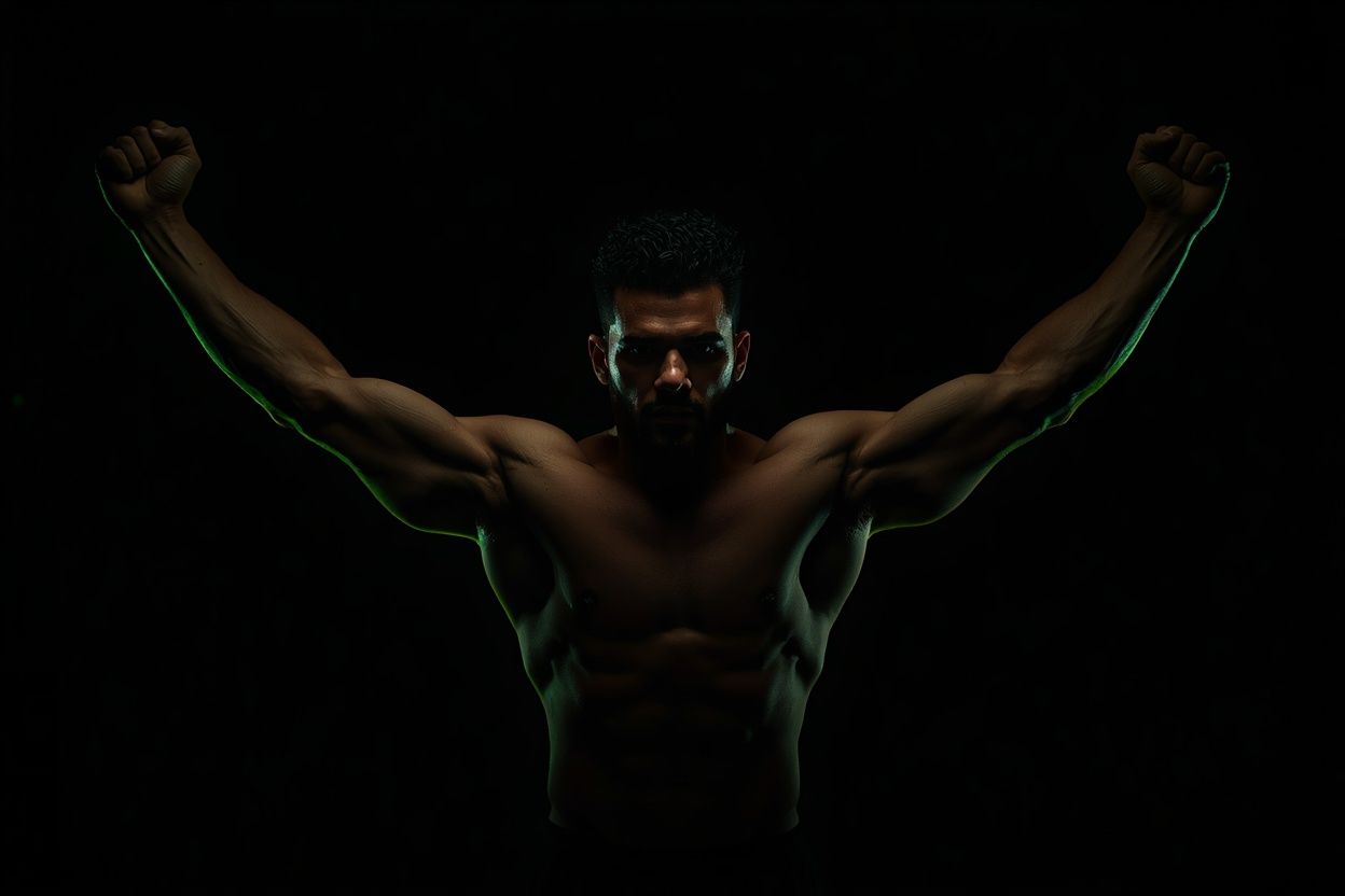 Athlete raising both arms in victory under dramatic lighting
