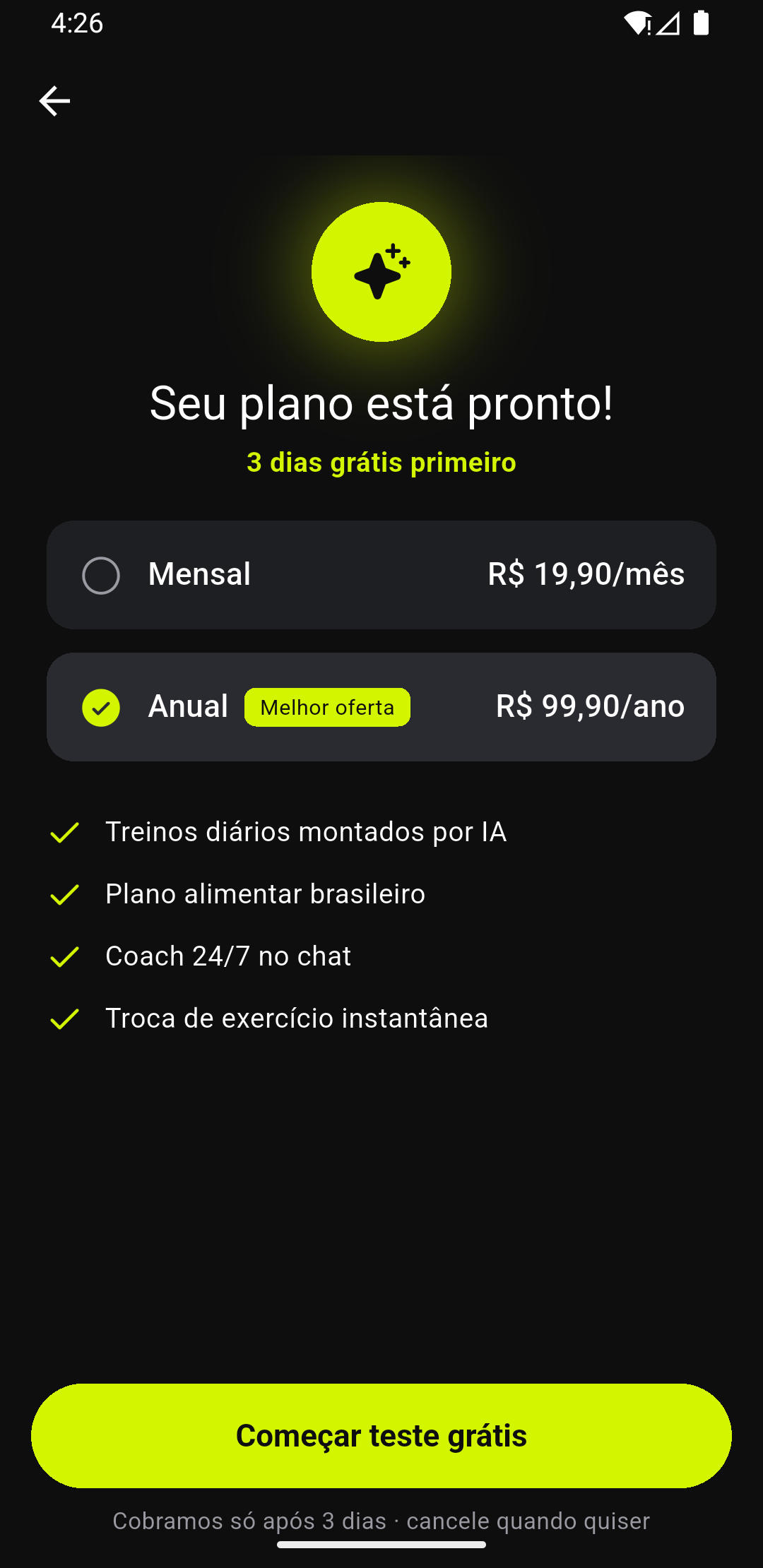Tela do BranFit mostrando o plano pronto com o preço antes de assinar